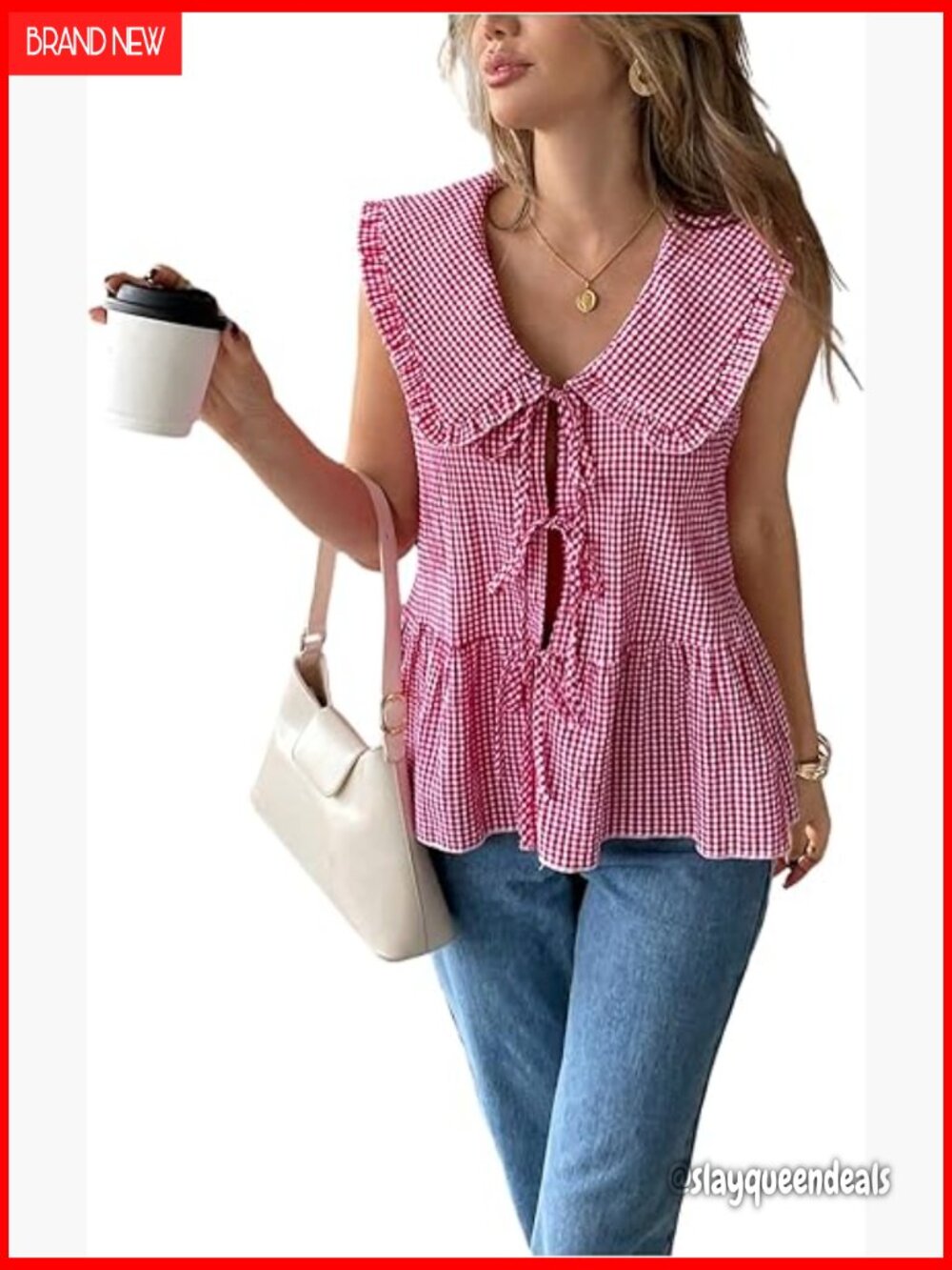 Gingham Tie Front Peplum Top Sleeveless Collared Ruffle Blouse